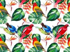 Картины Тропические попугаи на листьях