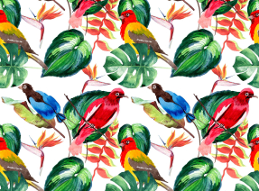 Тропические попугаи на листьях