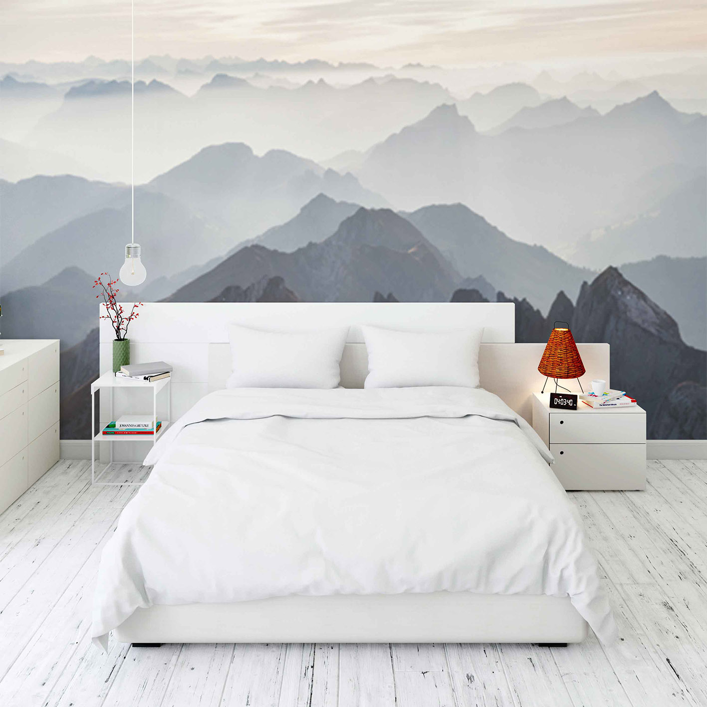 Фотообои горы в интерьере спальни