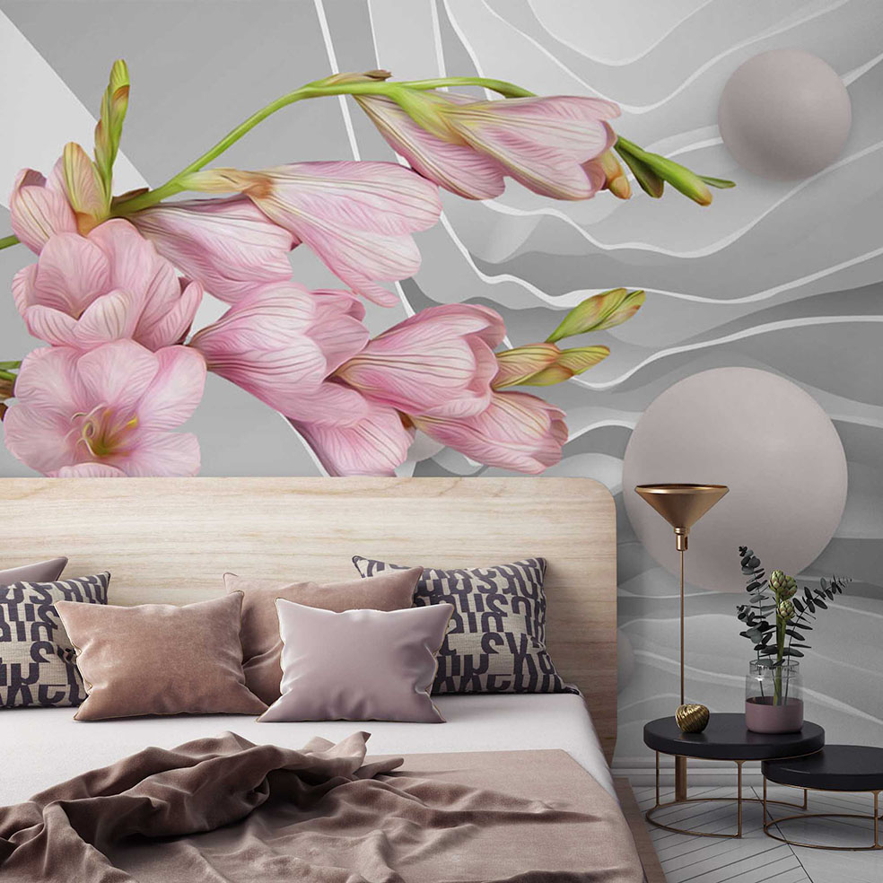 Фотообои с цветами в интерьере спальни